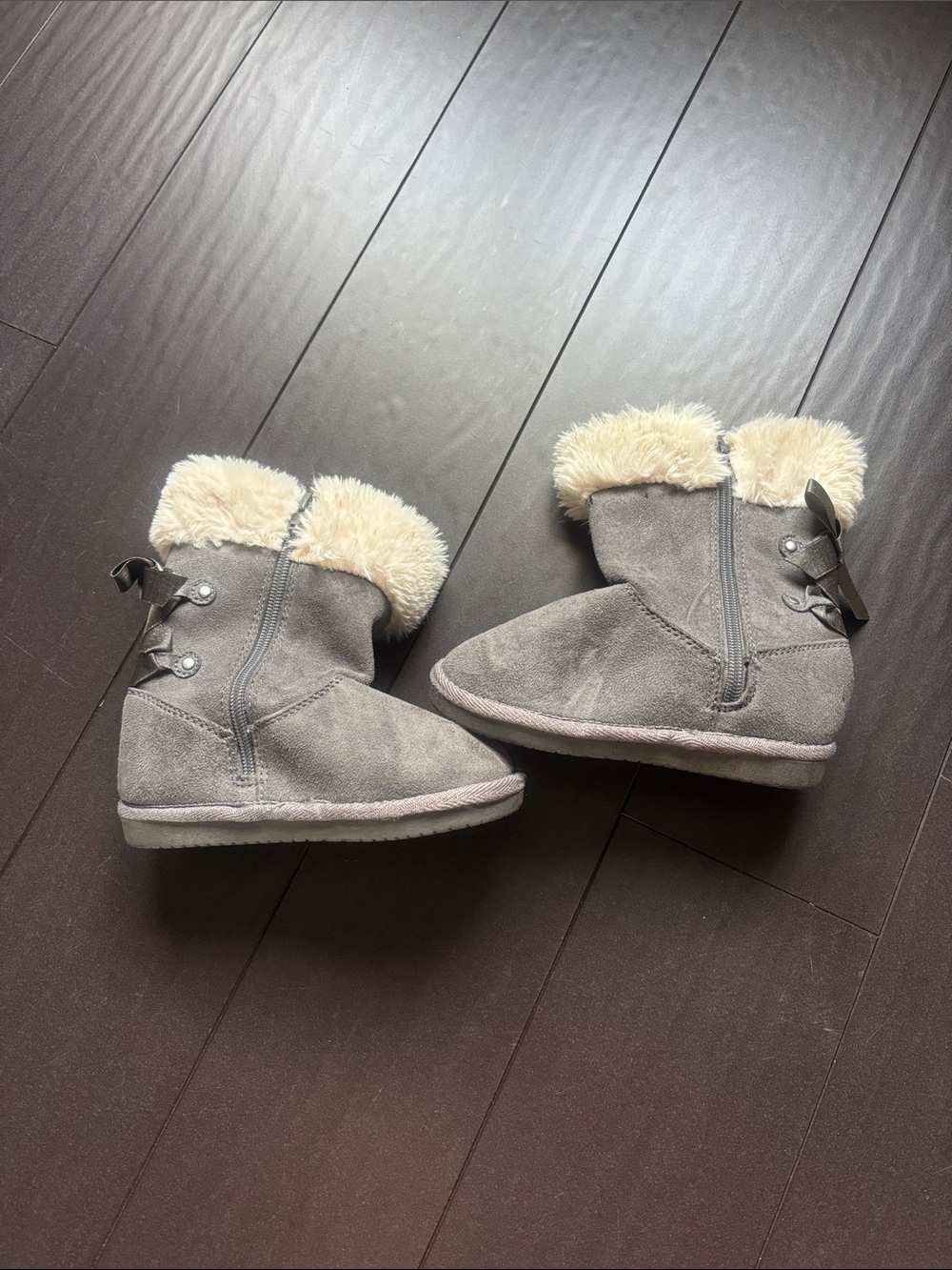 jumping beans Gray Faux Suede Kids Boots with Cream Shearling Trim and Side Bows